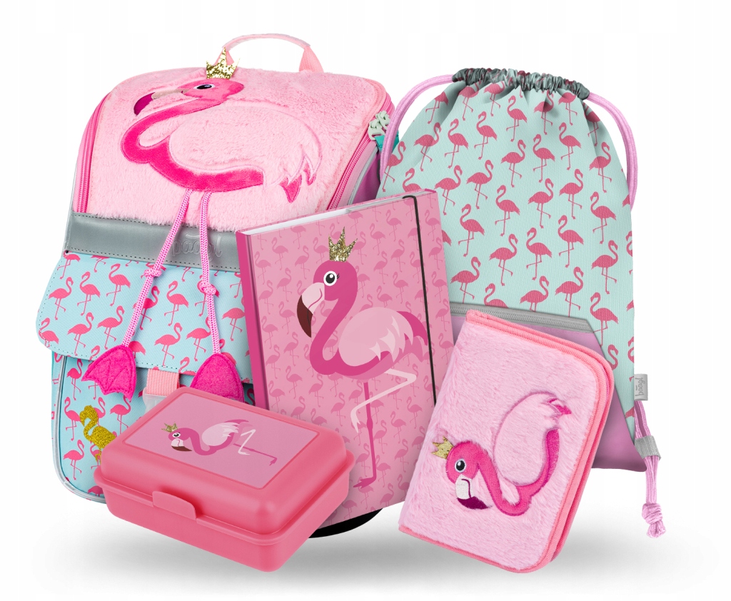 BAAGL Súprava 5 Zippy Flamingo: školský batoh, peračník, taška na topánky a ďalšie